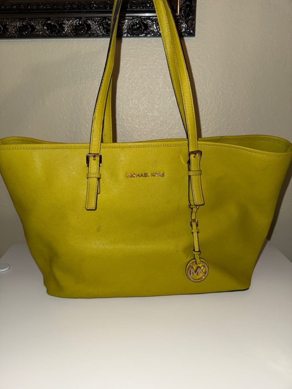 Michael Kors Chartreuse Leather Tote with MK Charm